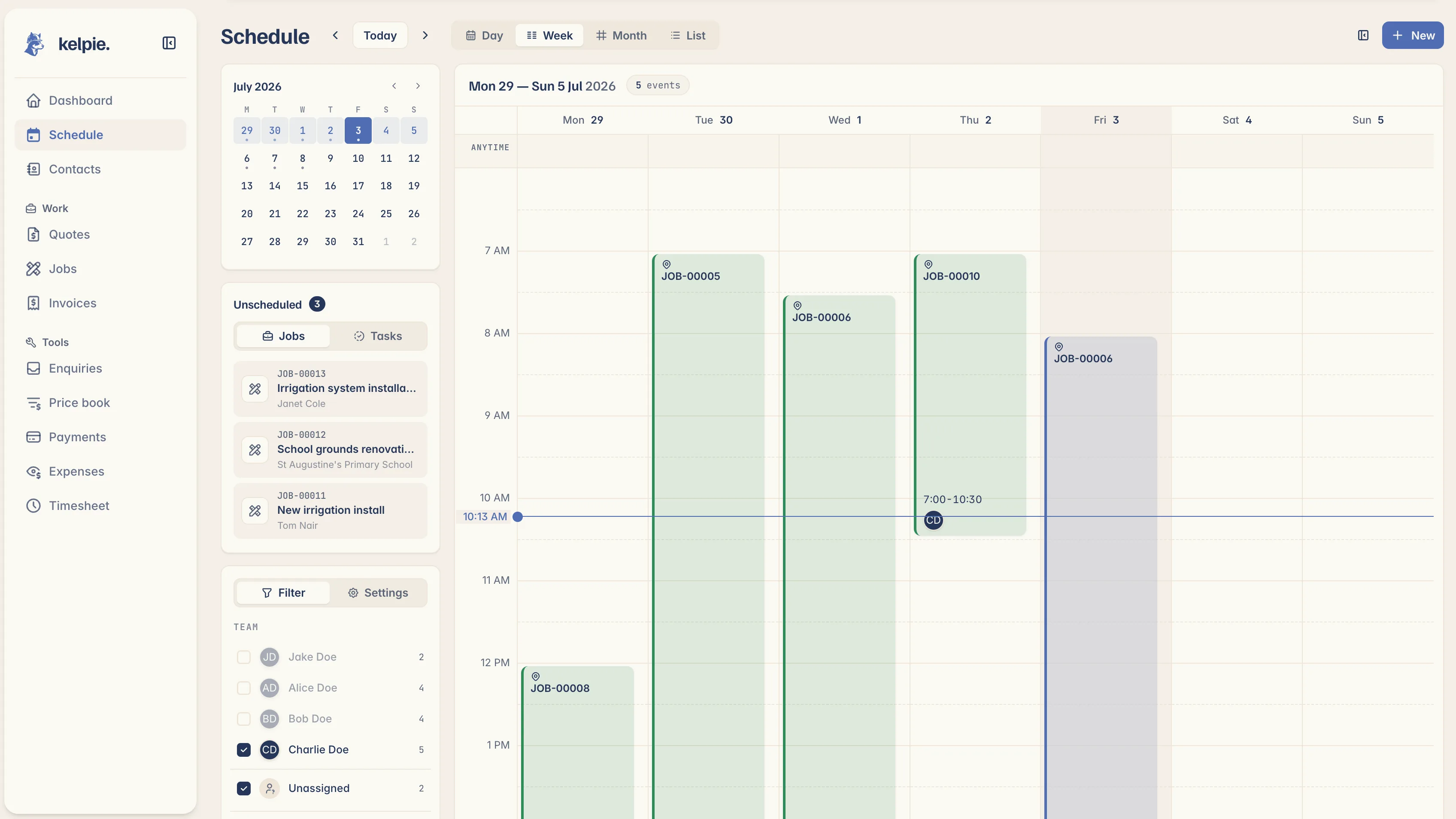 Kelpie's week schedule, every job and crew member on one board